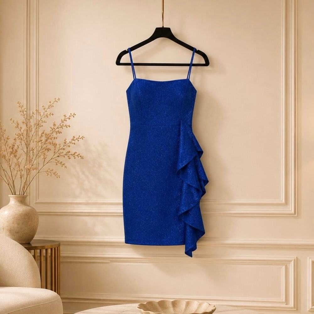 Emerald Sundae Royal Blue Sparkle Bodycon Mini Dress Ruffle X Sm NWT Cocktail